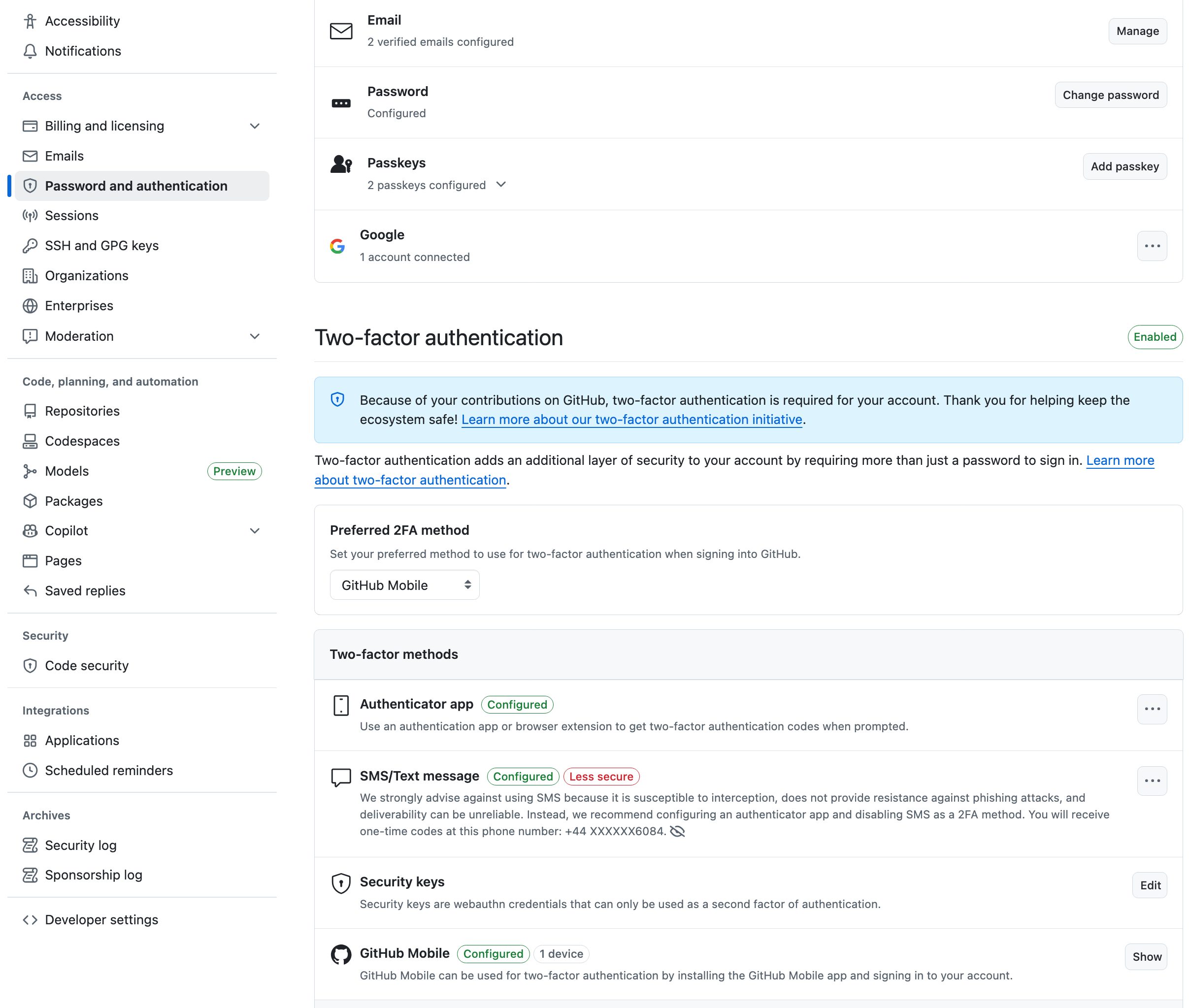 GitHub 2FA Settings