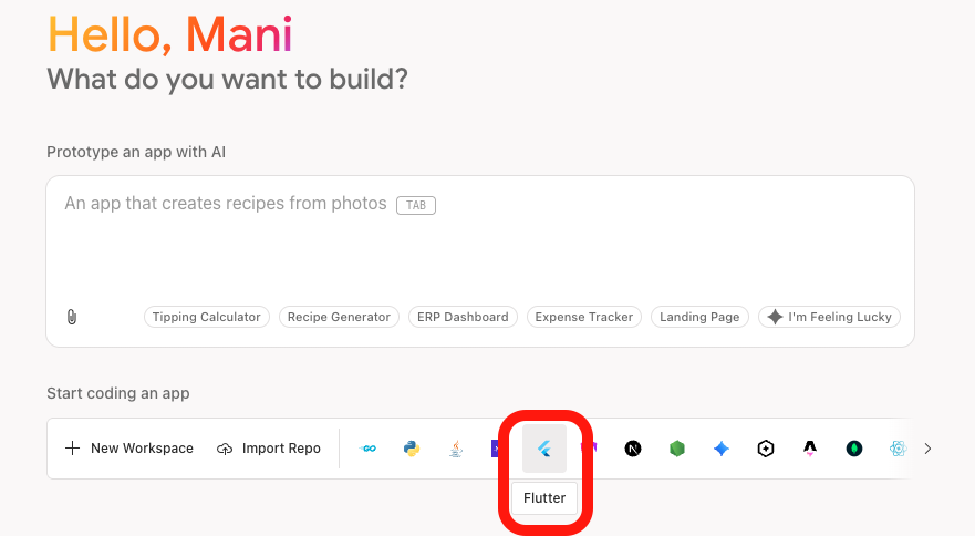 Firebase Studio selection of template